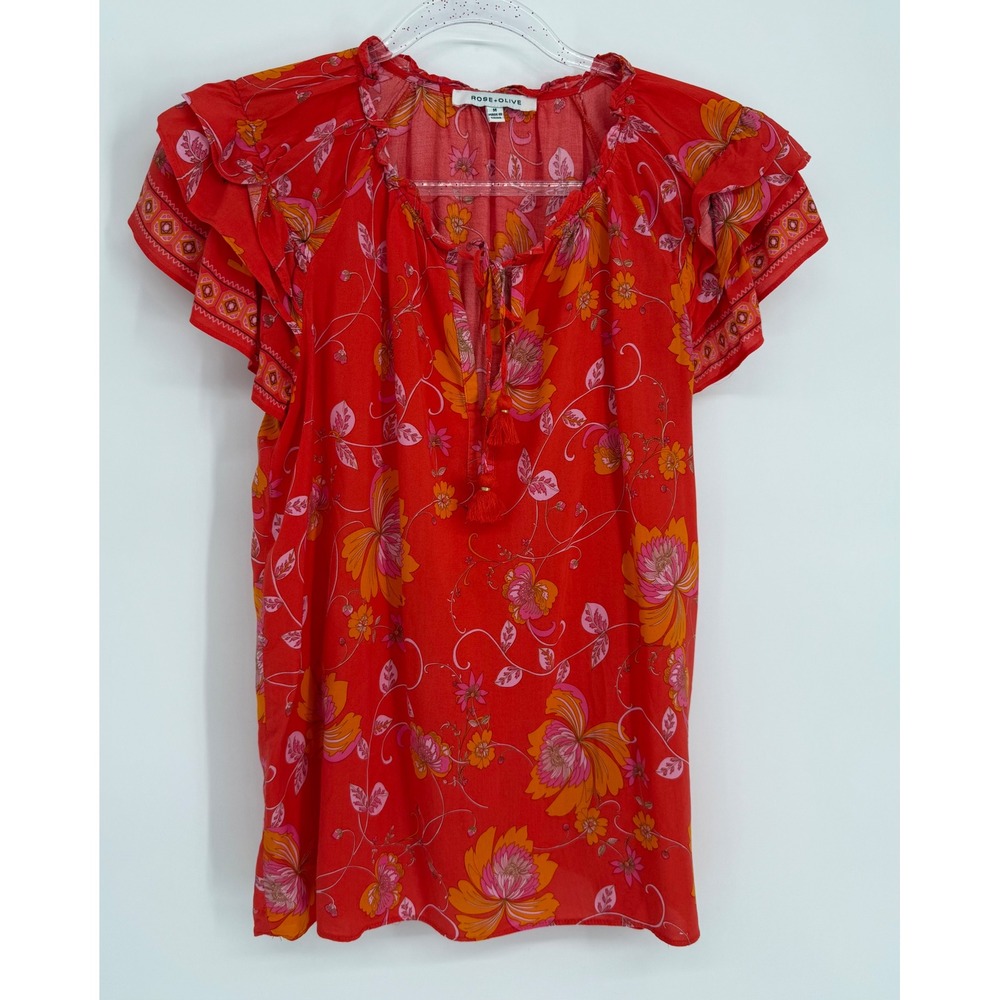 Rose + Olive Red Floral Flutter Sleeve Tassel Tie Boho Blouse Medium